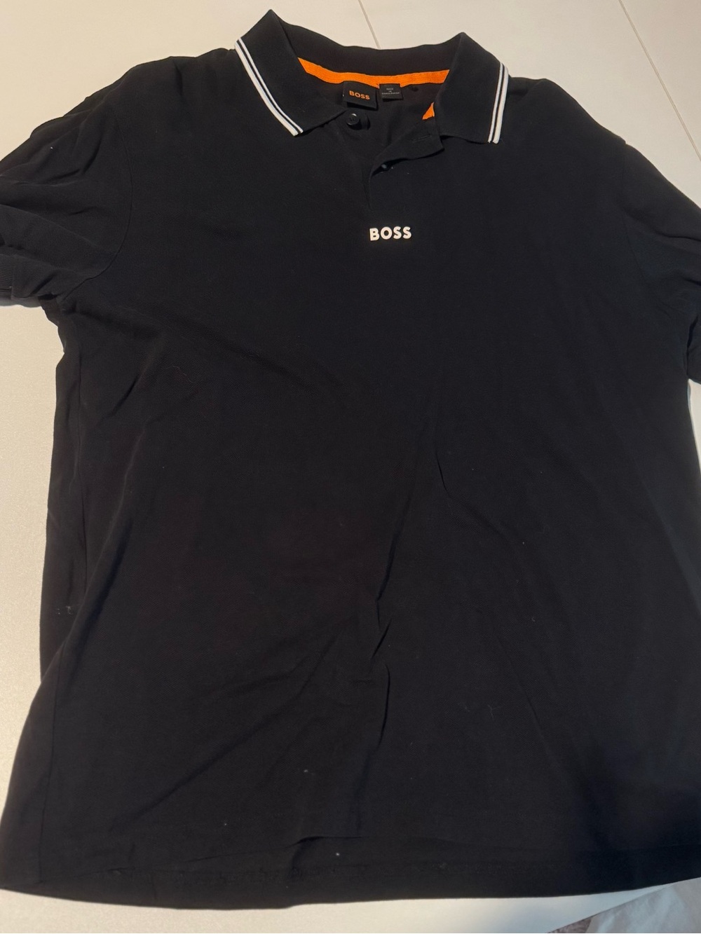 BOSS Black Polo with White Trim and Orange Neck Detail